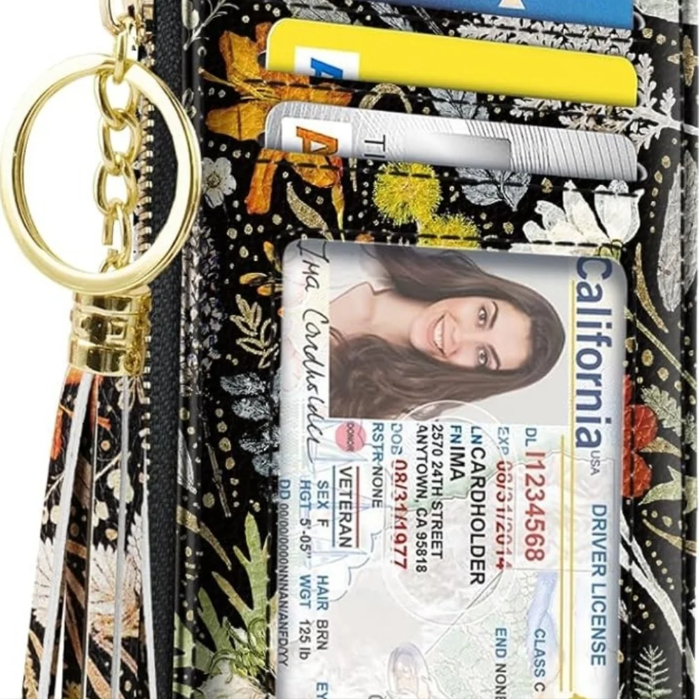 Floral Black Wallet with Tassel Keychain